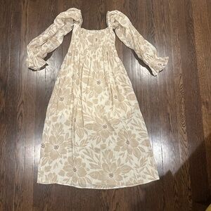 Olivaceous Tan and Cream Long Sleeve Maxi Floral Dress